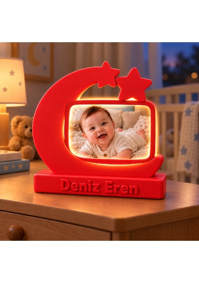Sehmira Kişiye Özel Led Işıklı Ay Yıldız Fotoğraf Lambası Kırmızı
