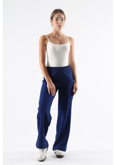 Dokuma Saks Geniş Paça Beli Lastikli Basic Uzun Kadın Pantolon Sh191 S