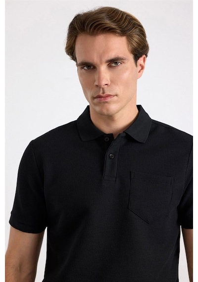 Süvari Siyah Regular Düz Baskısız Pike Düğmeli Polo Yaka Tişört Sts1014000002-s09