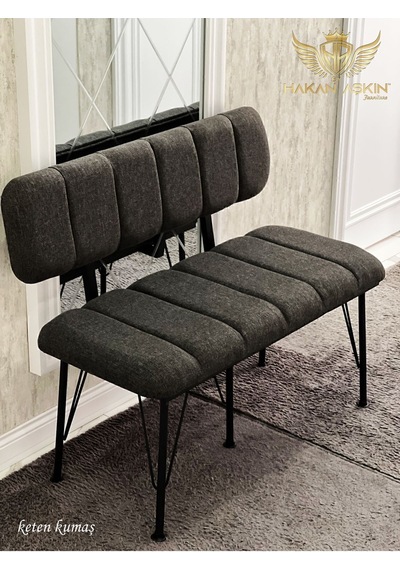 By Hakan Aşkın Siyah Metal Ayaklı Metal Alt Kasalı Keten Antrasit New Sırtlı Bench Bank Antrasit Keten