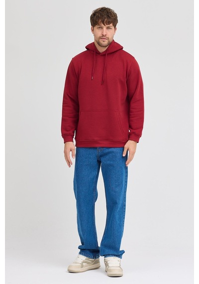 Polostate Erkek Bordo Standart Fit Normal Kesim Içi Polarlı 3 Iplik Kapüşonlu Pamuklu Sweatshirt Bordo