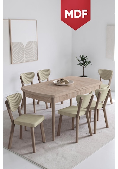 Exve Serisi 80x132 Açılabilir Traverten Takımı Ve 6 Sandalye Krem Sandalye Cappucino İskelet