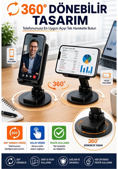 360 Dönebilir Katlanabilir Telefon Ve Tablet Standı Masaüstü Tutucu Ofis Ders Toplantı Aparatı