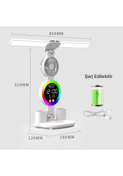 Shopytech Çift Başlıklı Led Masa Lambası Fanlı Dijital Saatli Rgb Ambiyans Dokunmatik Type-c Şarjlı Çok Renkli