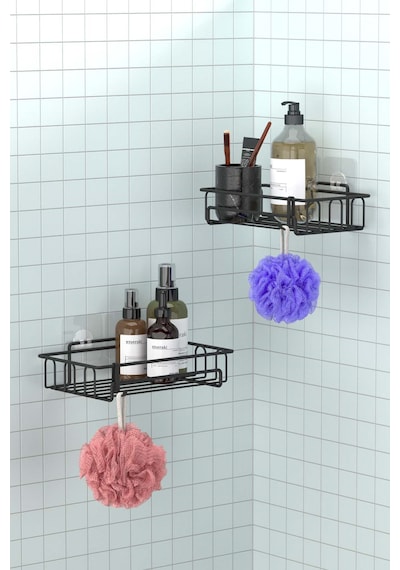 Teknotel ST242H Yapışkanlı Kancalı Banyo Rafı Mat Siyah 2 Adet Siyah