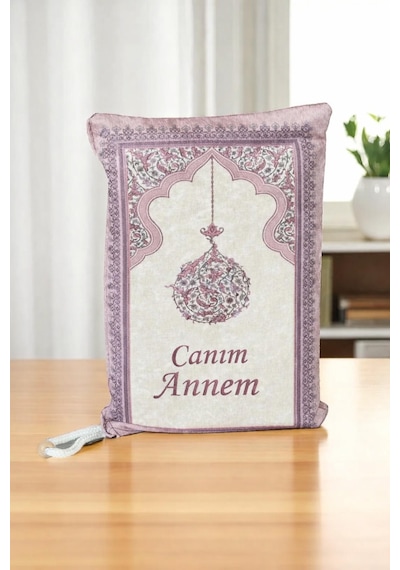 Canım Annem Nakışlı Anneler Günü Hediyesi, Kadife İpek Dokulu Keseli Seccade Ve İnci Tesbih Seti - Fuşya