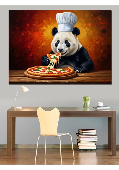 Pizza Yiyen Şef Önlüklü Panda Dekoratif Kanvas - Mdf Ahşap Tablo