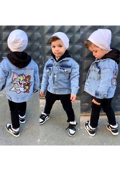 Berfonzo Kids Erkek Çocuk Tom Jerry Nakış Detay Kot Ceker Mavi