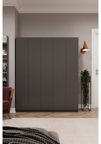 Asra Trend 5 Kapaklı Gardırop G-09 %100 MDF Çift Katlı Askılı Elbise Dolabı Koyu Gri