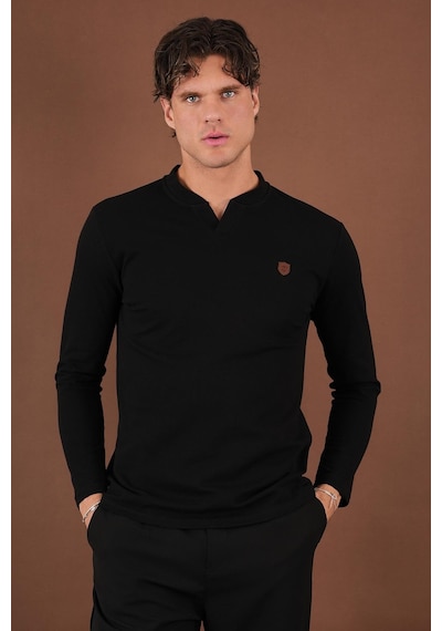 V Yaka Yırtmaç Detaylı Uzun Kollu T-shirt Siyah