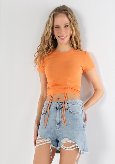 Colins Slim Fit Yuvarlak Yaka Düz Kadın Turuncu Kısa Kol Tişört Cl1063348 Q1.v1 Ora Turuncu