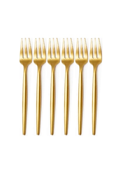 Limon Ve Fondü Çatalı Seti, Çelik, 13 Cm, Altın Kaplama, Sarı, 6 Parça Açık Ceviz