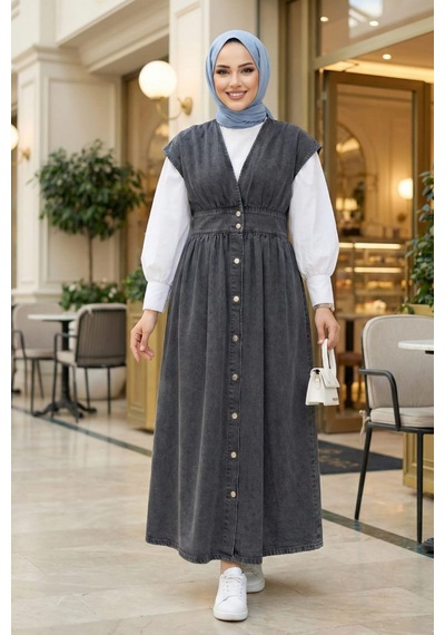 Hb Harma Time Butik Kadın V Yaka Düğmeli Kot Siyah Jile