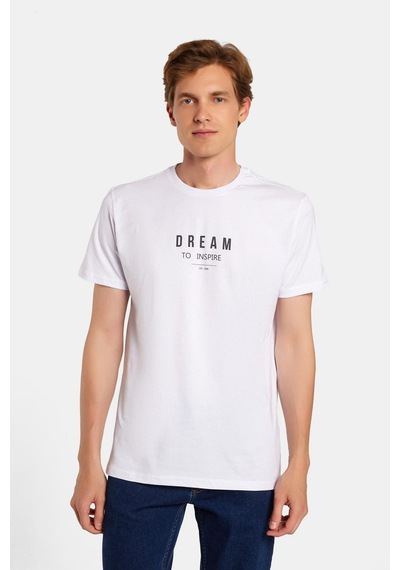 Tudors Erkek Slim Fit Dar Kesim %100 Pamuk Yumuşak Dokulu Baskılı Siyah Bisiklet Yaka Tişört-34724 Beyaz