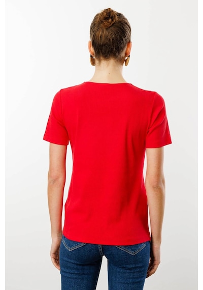 Desen Triko Kadın V Yaka Yakası Nakış İşlemeli Pamuklu T-shirt 25758 Kırmızı Kırmızı