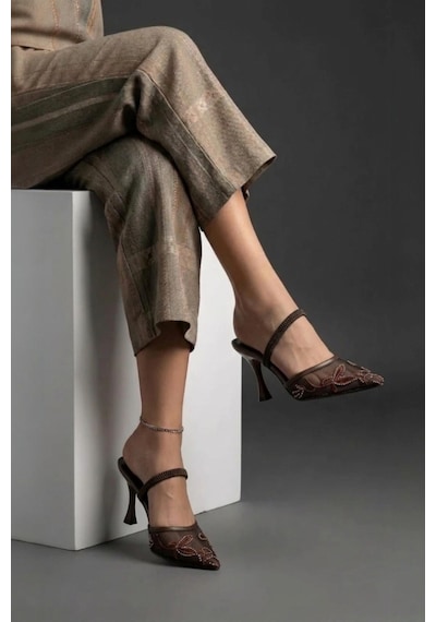 Fox Shoes Y752276315 Kahverengi File Boncuk İşlemeli İnce Topuklu Kadın Ayakkabı