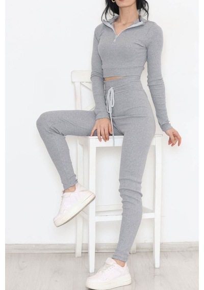 Mokashopin - Fermuarlı Crop Takım Gri - 12130.1748. 001