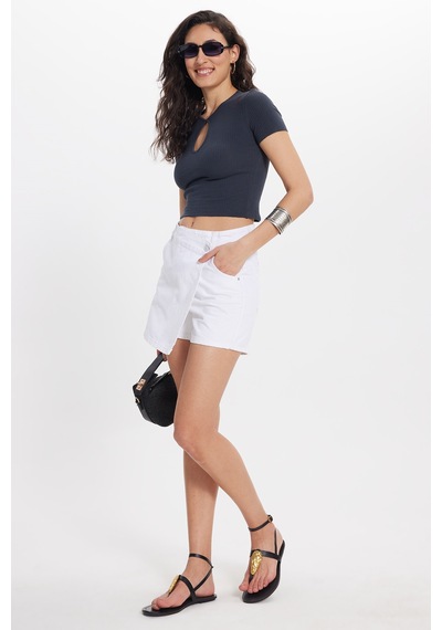 Tudors Kadın Slim Fit Dar Kesim %100 Pamuk Bisiklet Yaka Kısa Kol Antrasit Crop-50377