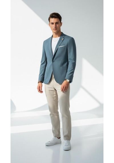 Plus Scorpion Erkek Slim Fit Blazer Ceket Tek Düğmeli Çift Yırtmaçlı Torba Cepli Yarım Astarlı Zümrüt Mavisi
