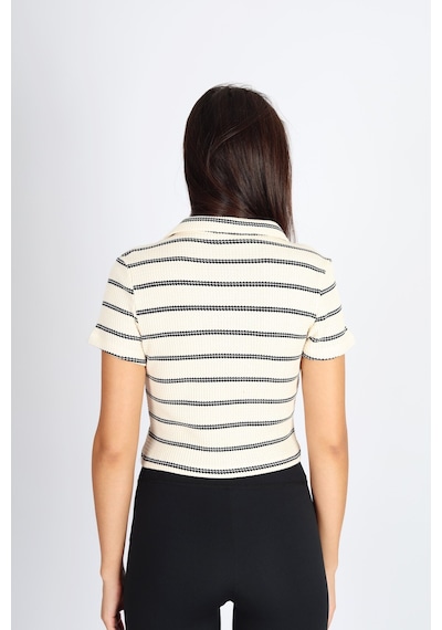 Soft&Basic Polo Yaka Raporlu Ekru Jakar Crop Fit T-shirt Ekru