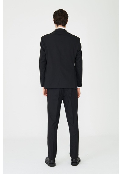 Siyah Modern Slim Fit Dokulu Kumaş Klasik Yaka Takım Elbise Siyah