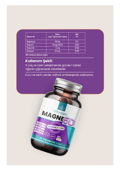 Naturagen Magne 5d Magnezyum Kompleksi 200mg 30 Çiğnenebilir Tablet P5p, D3, Selenyum Nane & Limon Aromalı