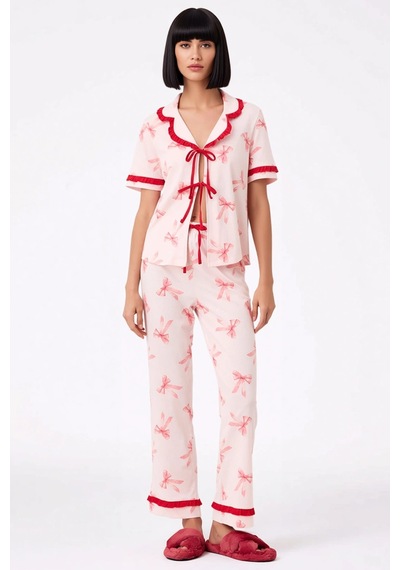 Benerly Kadın Apaş Yaka Kısa Kol Regular Kalıp Pijama Takımı Baskılı Fonk Pembe