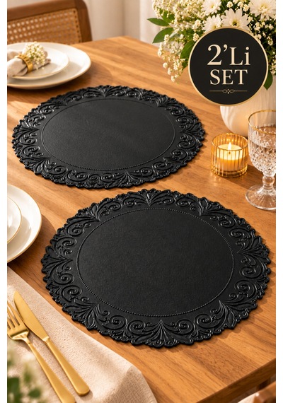 2'li Deri Amerikan Servis Seti 35 Cm Yuvarlak Kabartmalı Dekoratif Supla Seti Siyah - 939567981 Siyah