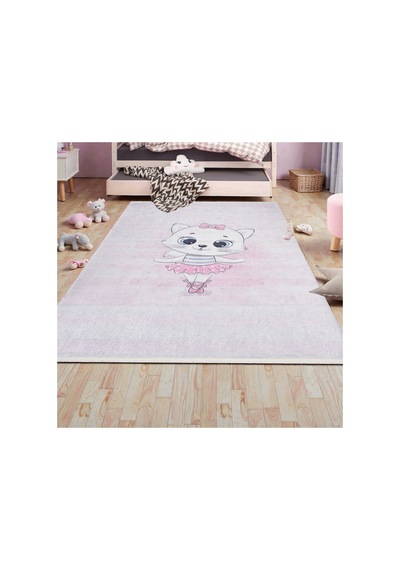 Balerin Kedi Çocuk Odası Halısı Kız Çocuk İçin Yumuşak Kaymaz Yıkanabilir Pembe Pembe