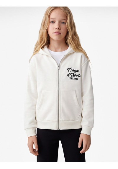 Koton Cepli Uzun Kollu Baskılı Oversize Kapşonlu Fermuarlı Sweatshirt Ekru 7wkg10018ak