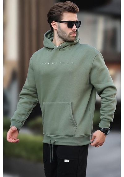Madmext Haki Kapüşonlu Baskılı Erkek Sweatshirt 7077 Haki