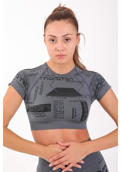 Maraton Active Slimfit Kadın Bisiklet Yaka Kısa Kol Koşu Antrasit Crop Top 811037 Antrasit