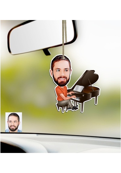 Kişiye Özel Bay Piyanist Karikatürlü Ahşap Araba Dikiz Ayna Süsü