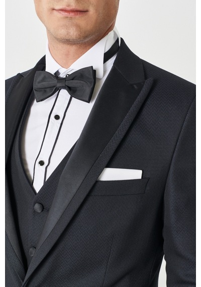 Ac&Co / Altınyıldız Classics Slim Fit Dar Kesim Kırlangıç Yaka Desenli Yelekli Smokin Takım Lacivert
