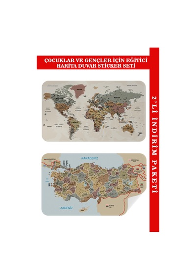 Eğitici Ve Öğretici Dünya Ve Türkiye Haritası Çocuk Odası Duvar Sticker-60x105-3883 Çok Renkli