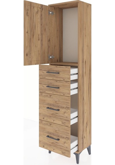 Arges Dolap Tek Raflı 4 Çekmeceli Tek Kapaklı 44x30x182 Çam-çam Çam