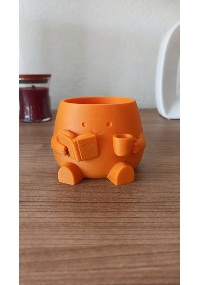 3d Baskı Kitap Okuyan Saksı - Kupa Tutan Sevimli Saksı-turuncu Çok Renkli