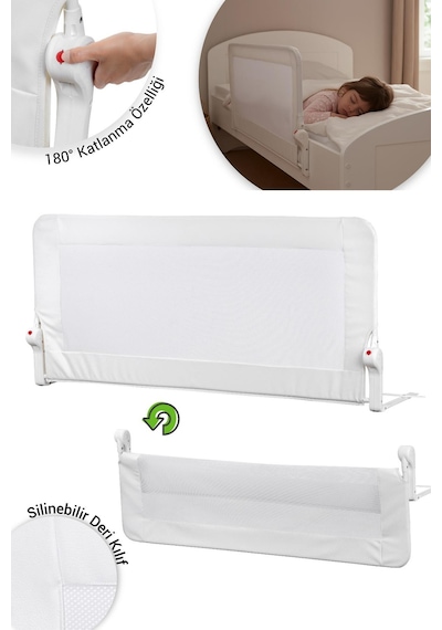 Wellgro Premium 150x65 Cm Deri Kılıflı Yatak Bariyeri, Katlanır Yatak Korkuluğu, Beyaz