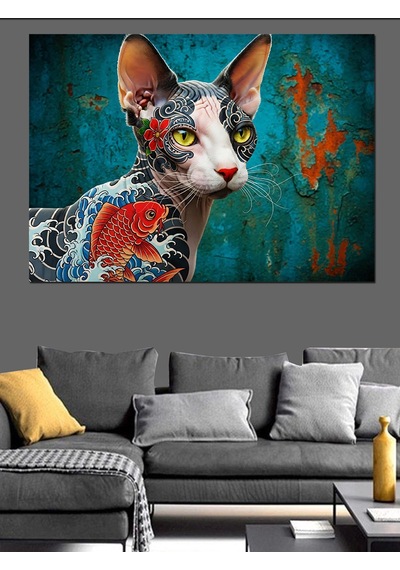 Dövmeli Sfenks Kedi Portresi Dekoratif Kanvas - Mdf Ahşap Tablo