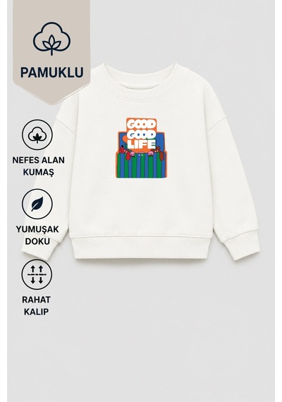 Monila Unisex Çocuk 3 İplik Kumaş Pamuklu Baskılı Sweatshirt Ekru