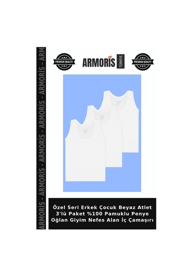 Armoris Özel Seri Erkek Çocuk Beyaz Atlet 3'lü Paket %100 Pamuklu Penye Oğlan Giyim Nefes Alan İç Çamaşırı