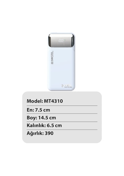 10000 Mah 22.5w Süper Hızlı Şarj Dahili Kablolu Dijital Led Göstergeli Pd Ve Qc 3.0 Powerbank Mt4310 Beyaz