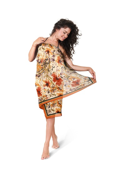 Orange Flower Desen İç Göstermeyen Saten Pareo Çok Renkli