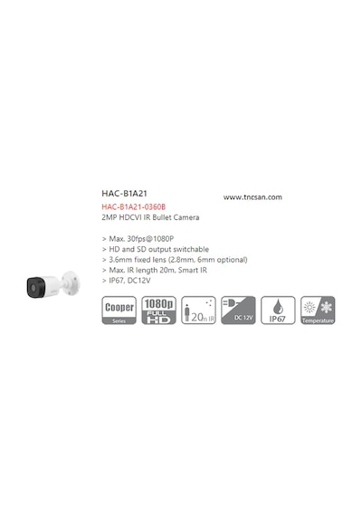 Dahua Hac-B1A21-0360B 2Mp 3.6Mm 4In1 Ir Bullet Hd-Cvı Kamera