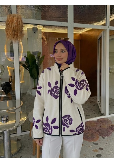 Trend Paris Gül Desenli Polar Hırka / Fermuarlı Ceket Mor Standart