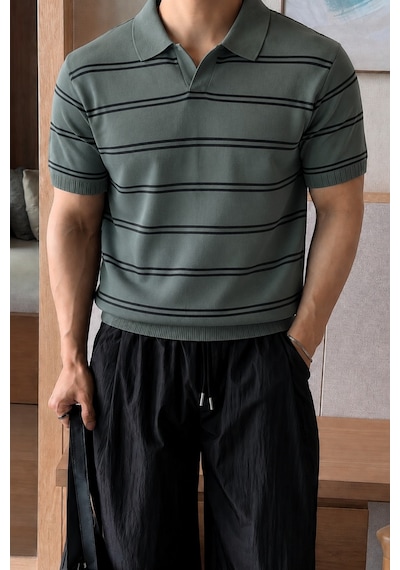 Tarz Cool Erkek Çizgili Polo Yaka Viskon Triko Tişört Slim Fit Yazlık Şık Triko Polo Haki