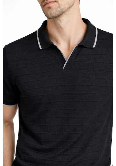 Erkek Yazlık Dokuma Triko Tişört Düğmesiz Polo Yaka Kısa Kol T-shirt - Siyah