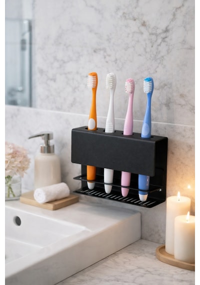 Metal Diş Fırçalık Siyah 4 Bölmeli Duvara Monte Diş Fırçası Tutucu Banyo Organizer