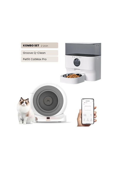 Groove Q-clean Wi-fi Akıllı Kedi Tuvaleti Gri + Petfit Catmax Pro 5l Wi-fi Kameralı Akıllı Otomatik Mama Kabı Besleme Ünitesi Bundle
