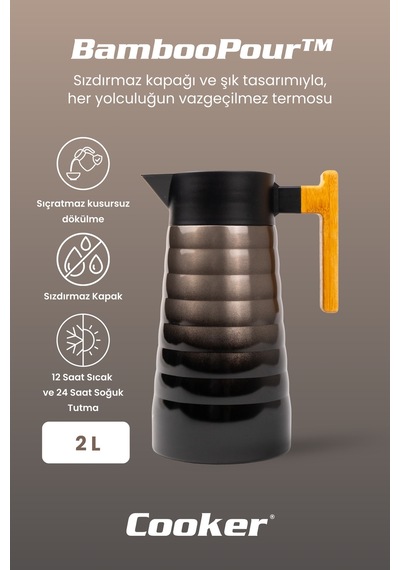Cooker Bamboopour 2 Litre Paslanmaz Çelik Bambu Saplı Termos Ckr2097 Siyah